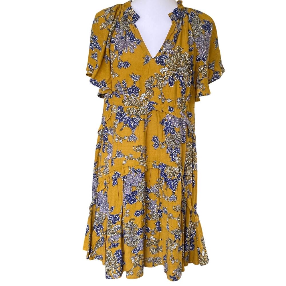 Anthropologie Dress Yellow Blue Tiered Floral Dress Made in Turkey Size Small